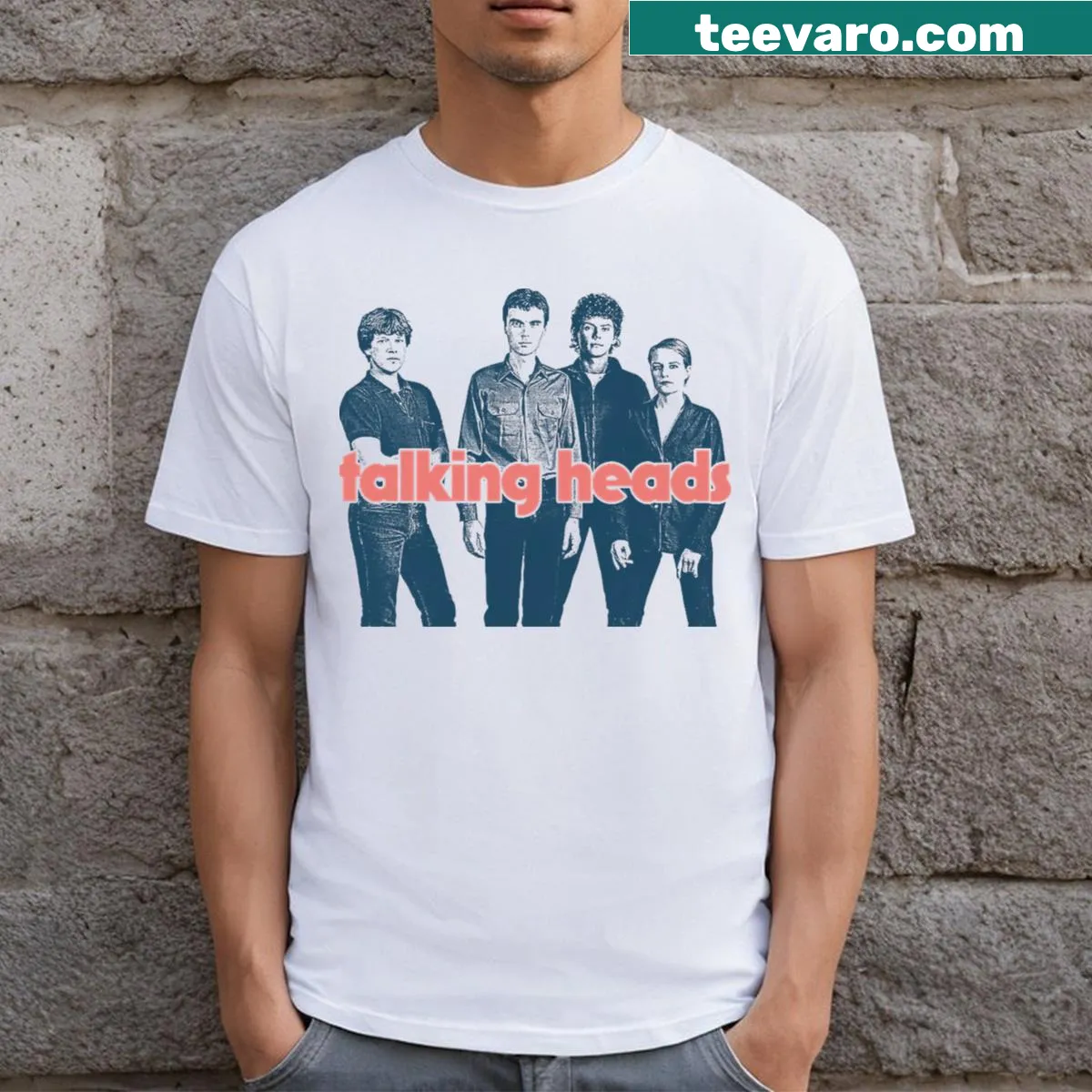 Retro style Talking Heads fan art t-shirt design — on a men's t-shirt