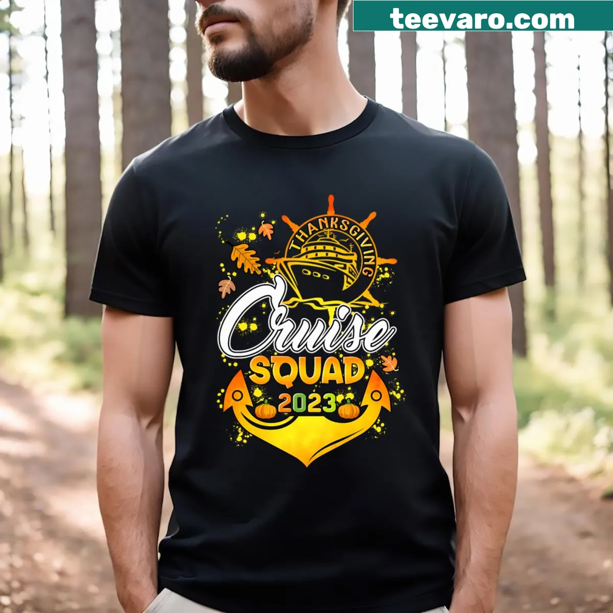 Matching family Thanksgiving cruise shirt with festive graphics — on a men's t-shirt