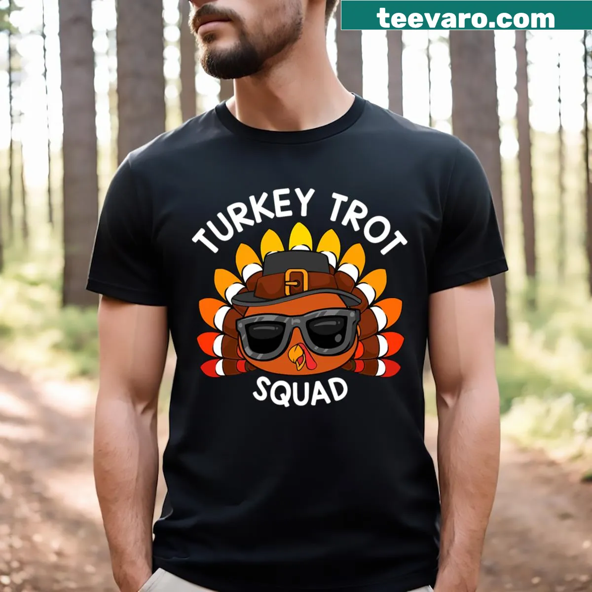 Thanksgiving T-shirt featuring Turkey Trot Squad graphic for men and kids — on a men's t-shirt