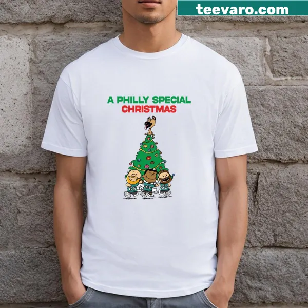 Vintage-style Christmas t-shirt featuring Philadelphia landmarks in the holiday spirit