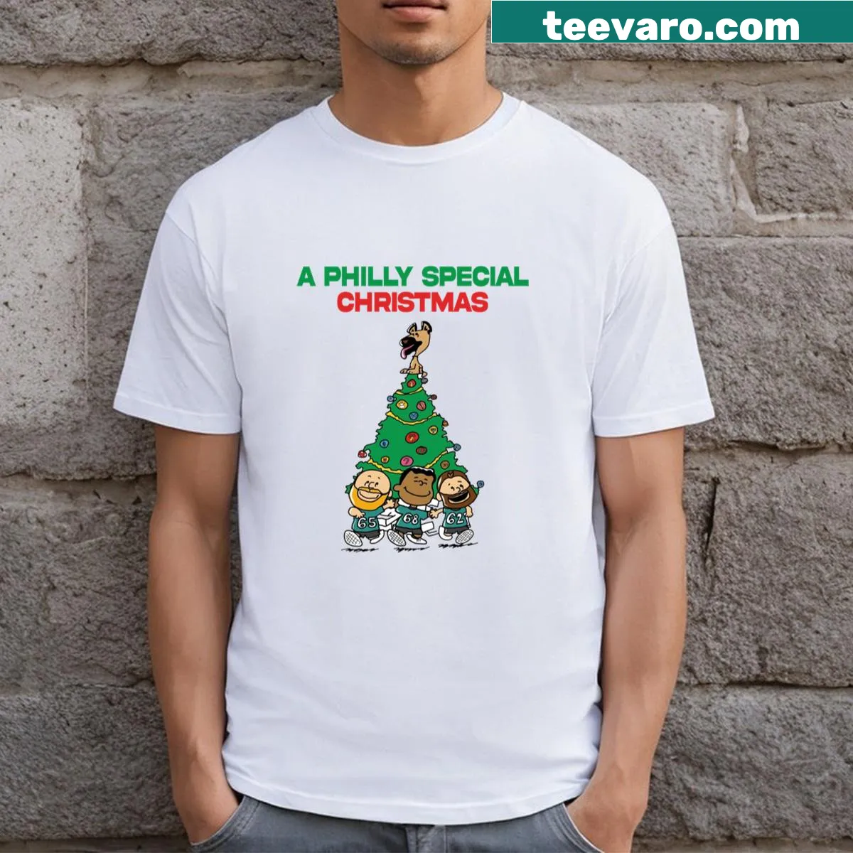 Vintage-style Christmas t-shirt featuring Philadelphia landmarks in the holiday spirit — on a men's t-shirt