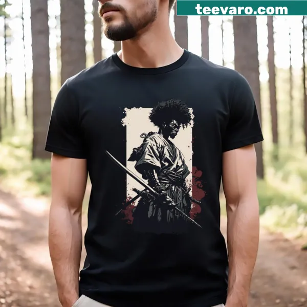 Bold Afro Samurai character graphic on a T-shirt