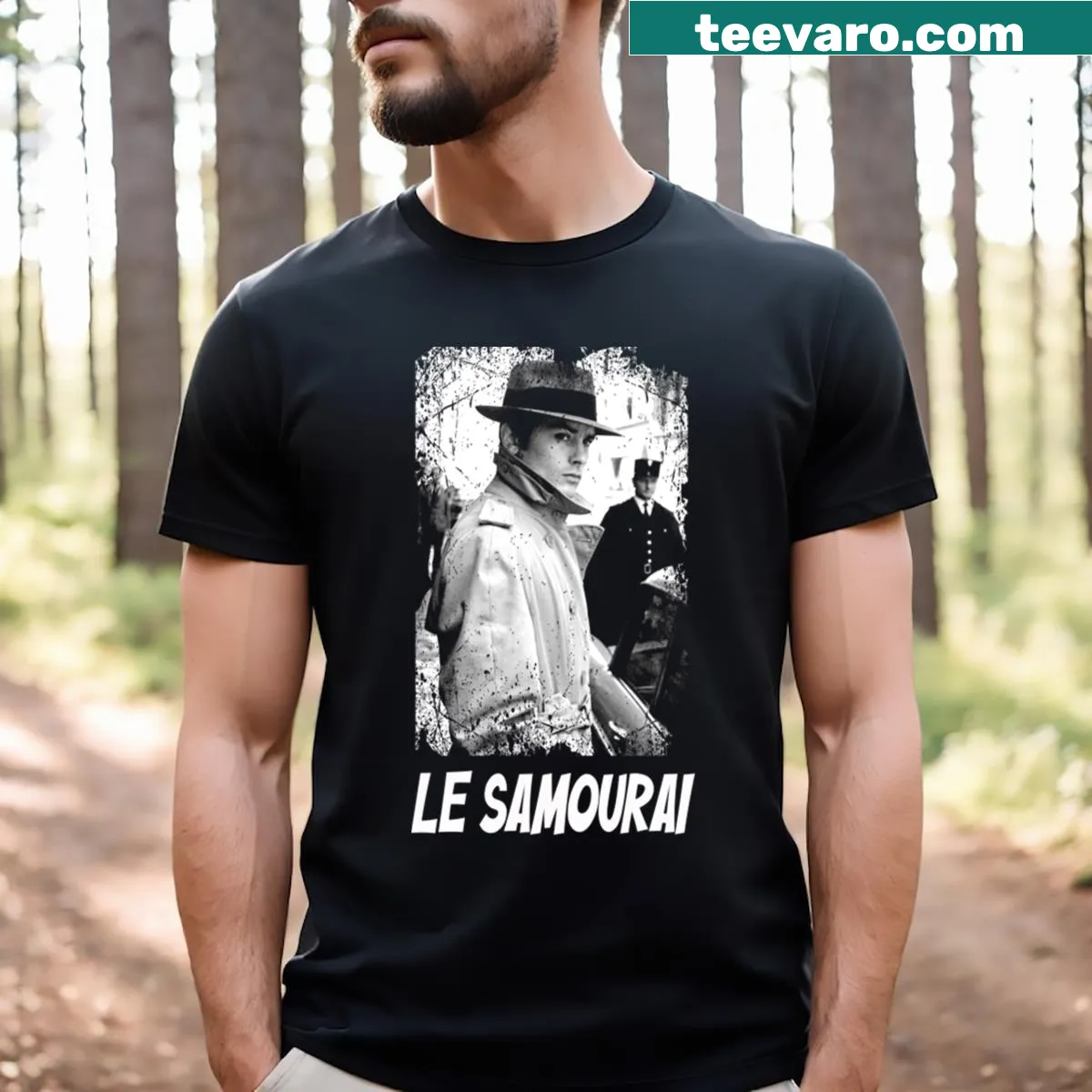 Alain Delon Legacy T-shirt with Samourai typography design — on a men's t-shirt