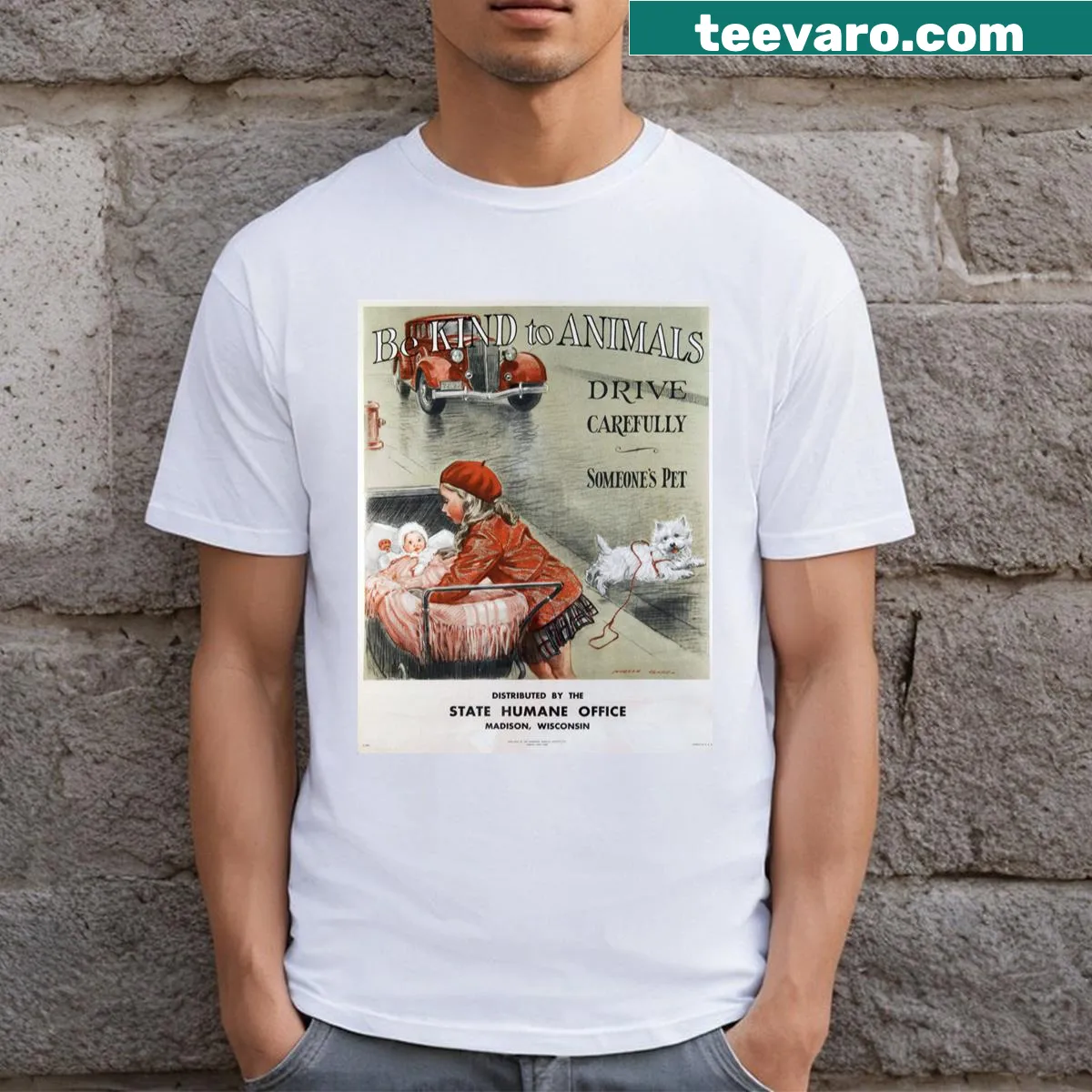 Vintage poster style t-shirt promoting kindness to animals — on a men's t-shirt