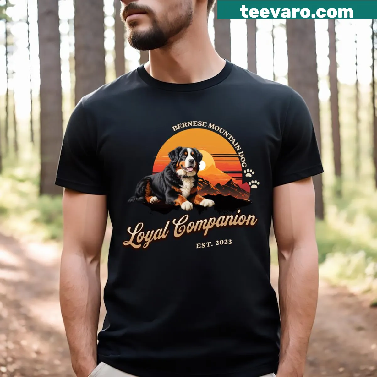 Illustrated shirt featuring a Bernese Mountain Dog design. — on a men's t-shirt