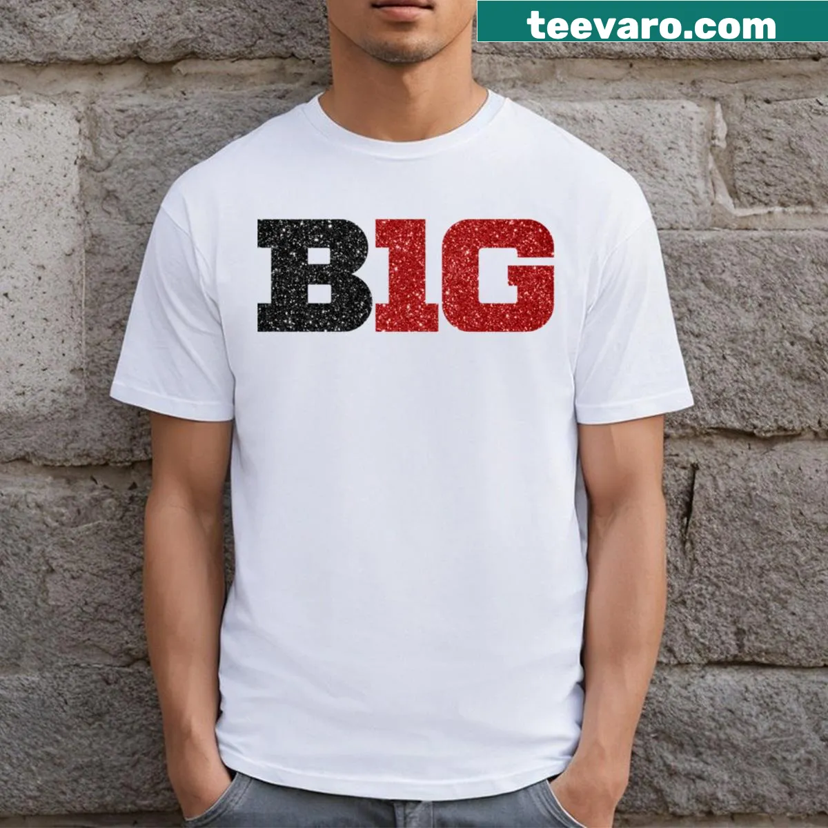 Glitter logo T-shirt in Indiana colors for Big Ten fans. — on a men's t-shirt