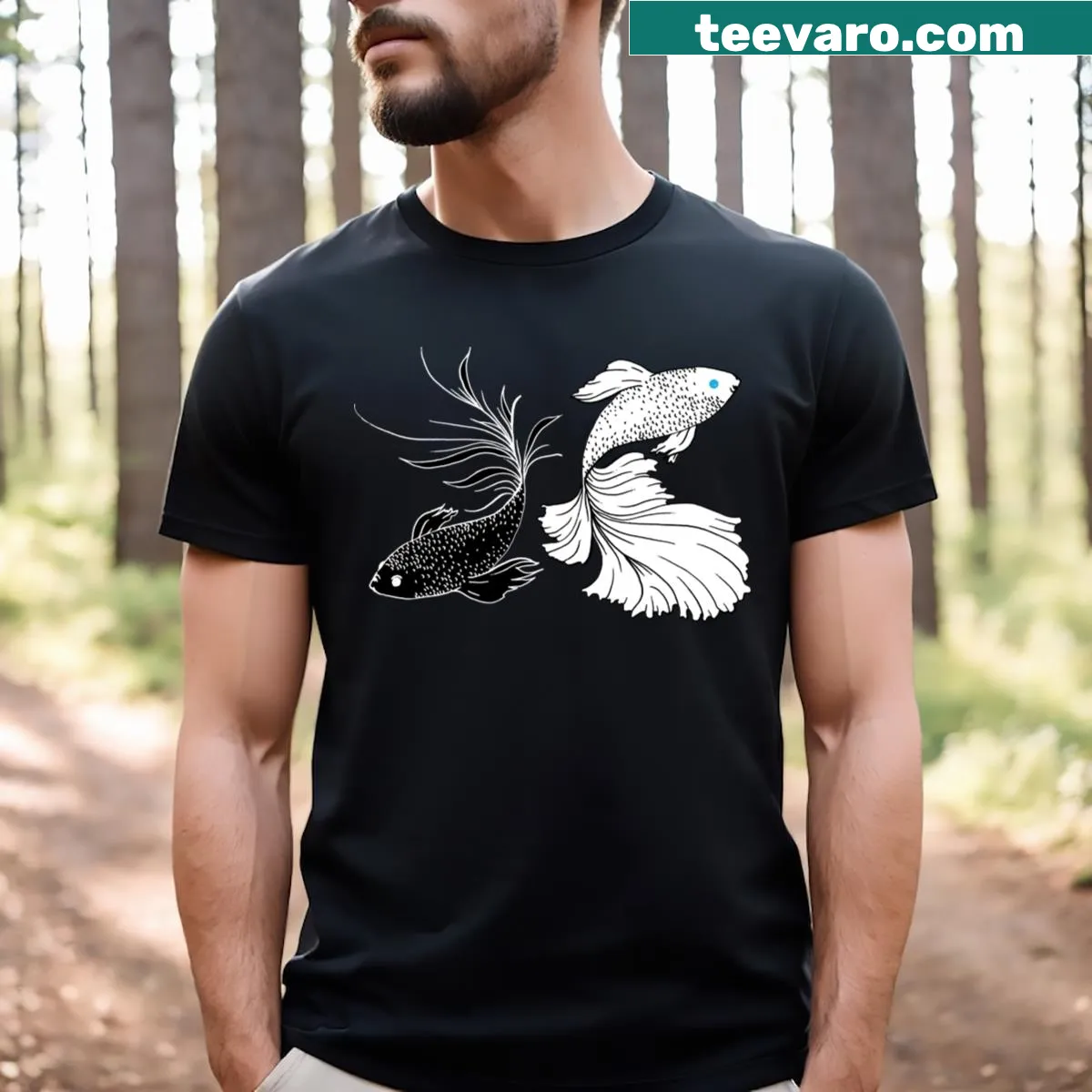 Anime-inspired t-shirt featuring a black and white betta fish sorcerer — on a men's t-shirt
