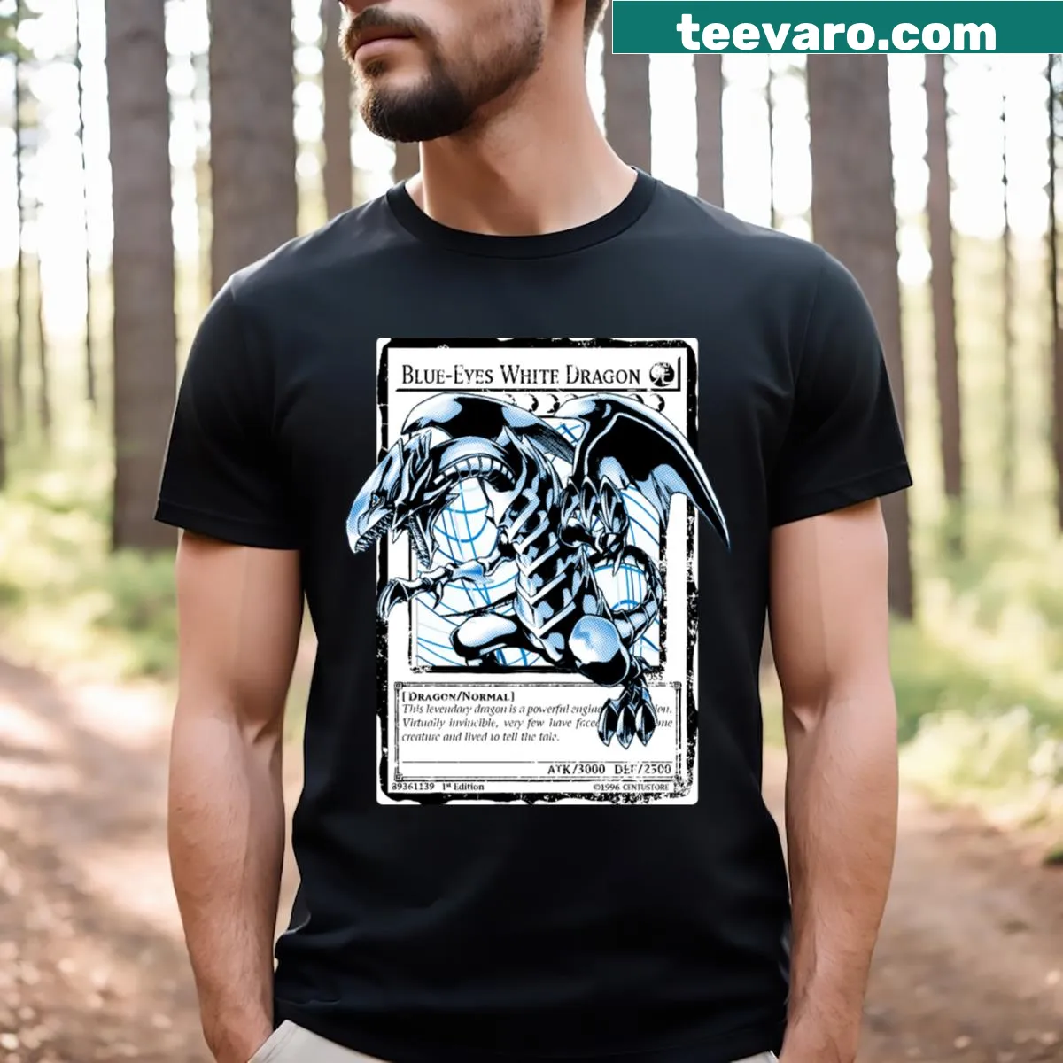 Blue Eyes White Dragon graphic in vibrant design — on a men's t-shirt