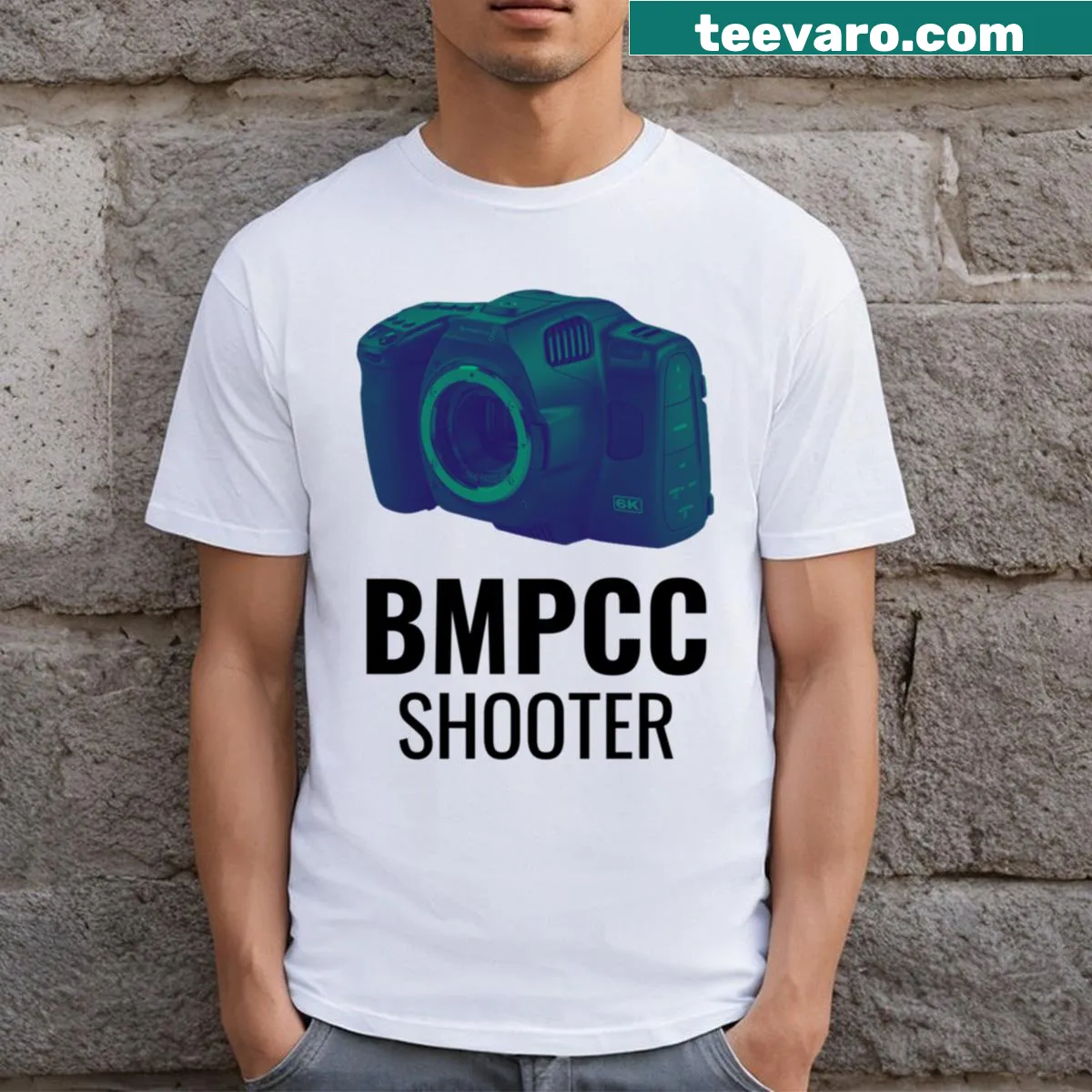 T-shirt featuring Blackmagic Pocket Cinema Camera graphic — on a men's t-shirt