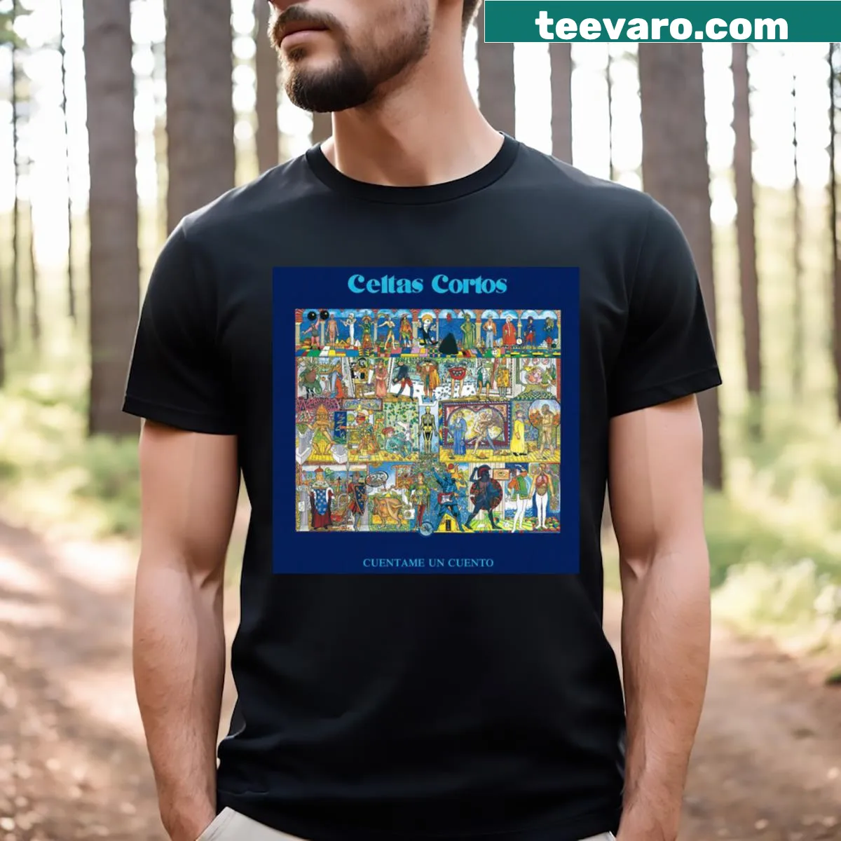 T-shirt featuring the text 'Celtas Cortos Cuentame Un Cuento'. — on a men's t-shirt