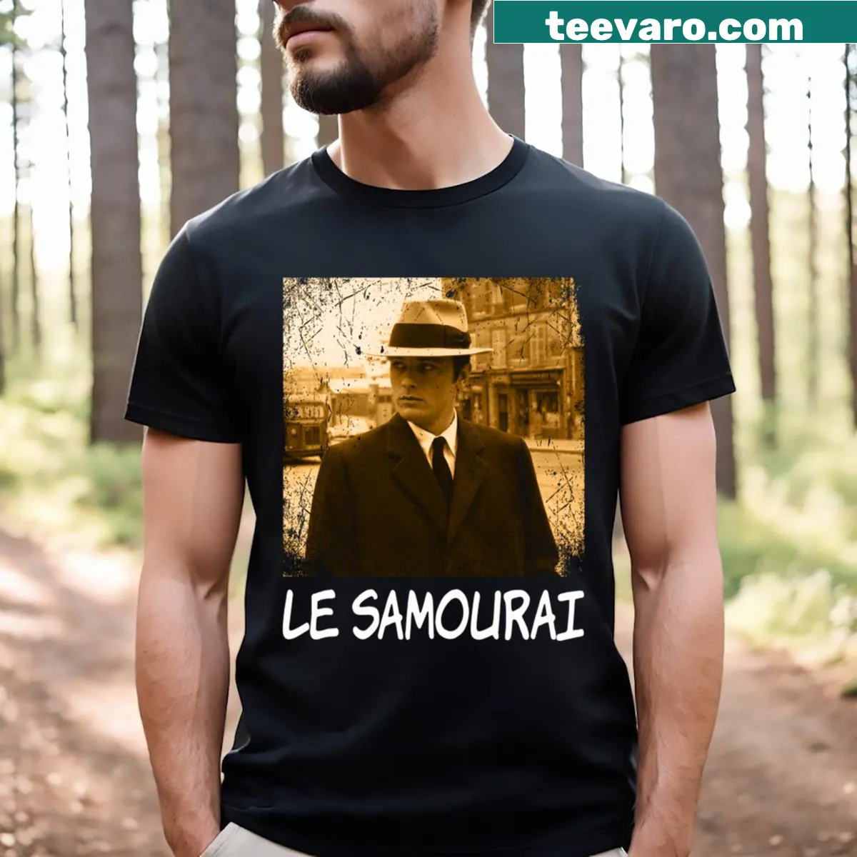 Samurai cinema-themed T-shirt with a silhouette and film elements — on a men's t-shirt