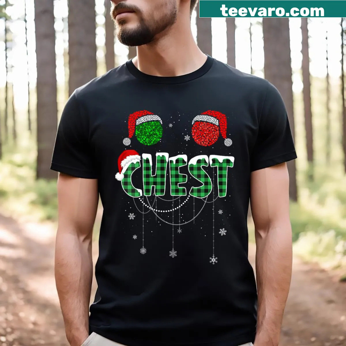 Funny matching Christmas couple's T-shirts with chestnut theme — on a men's t-shirt