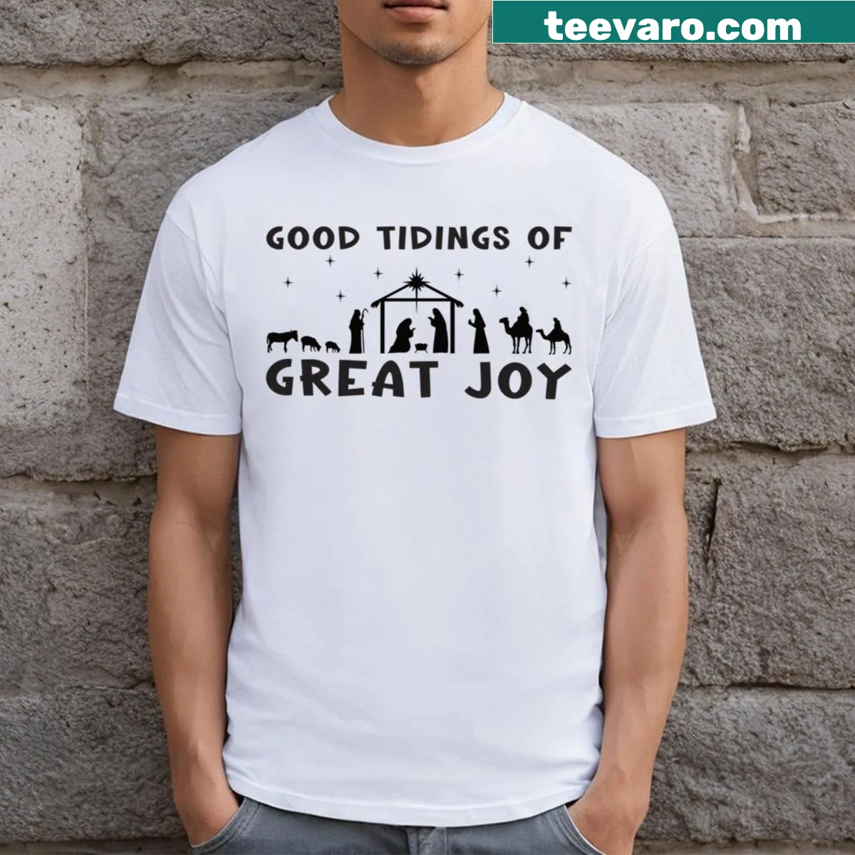 Sentimental Christmas T-shirt with the phrase 'Good Tidings Of Great Joy'. — on a men's t-shirt