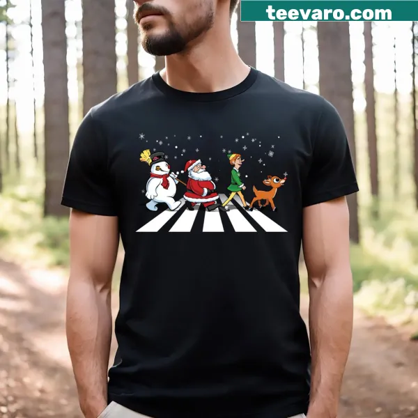 T-shirt featuring a nostalgic illustrated Christmas road scene