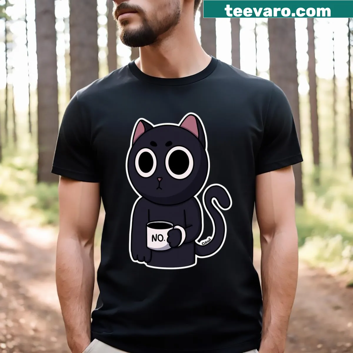 Sarcastic cartoon t-shirt featuring a cat with coffee — on a men's t-shirt