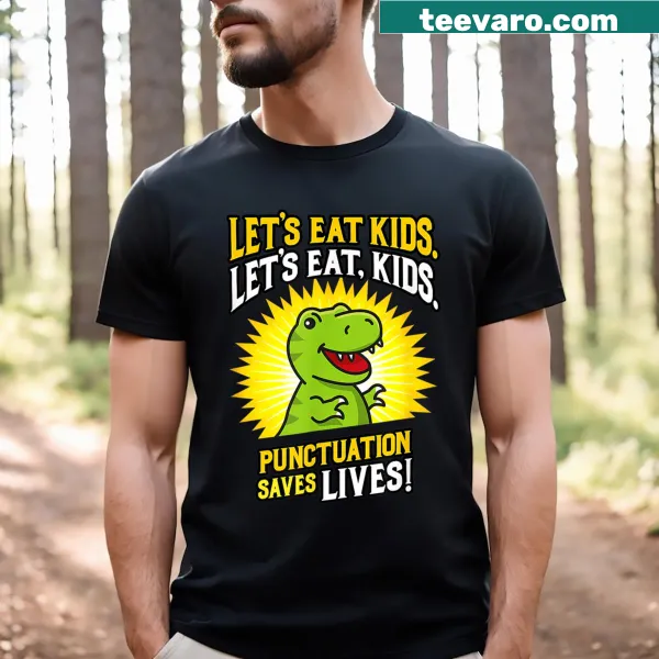 Cartoon dinosaur graphic T-shirt with the phrase 'Let's Eat Kids'