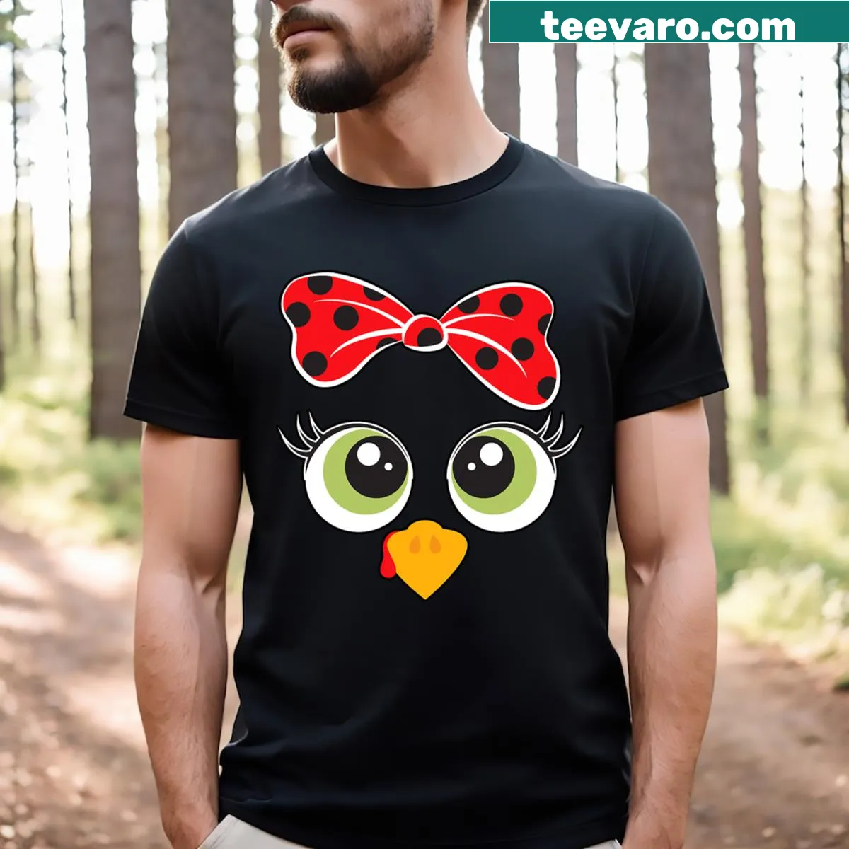 Cartoon turkey face design for little girls' Thanksgiving t-shirt — on a men's t-shirt