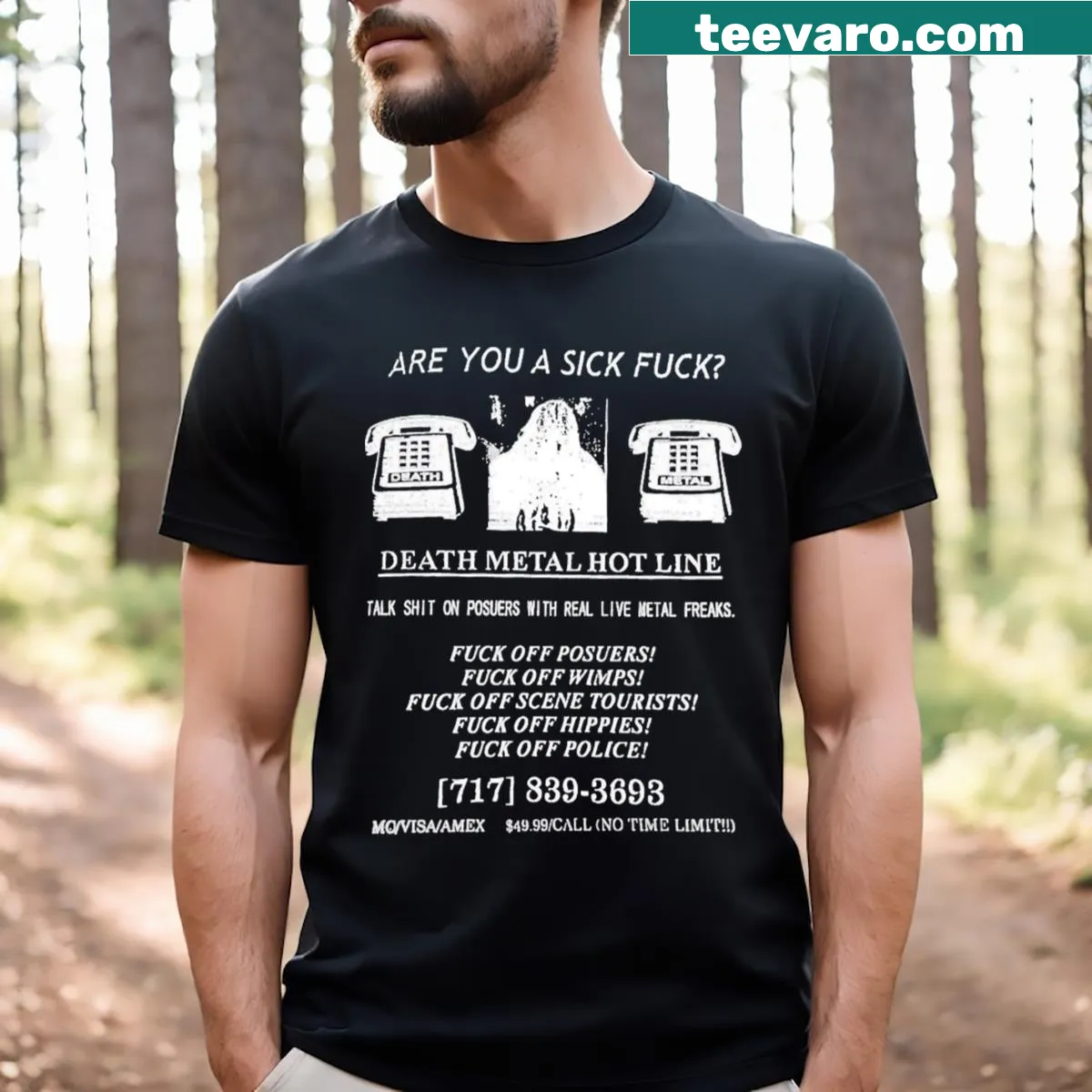 Bold typographic graphic T-shirt featuring 'Death Metal Hotline' — on a men's t-shirt