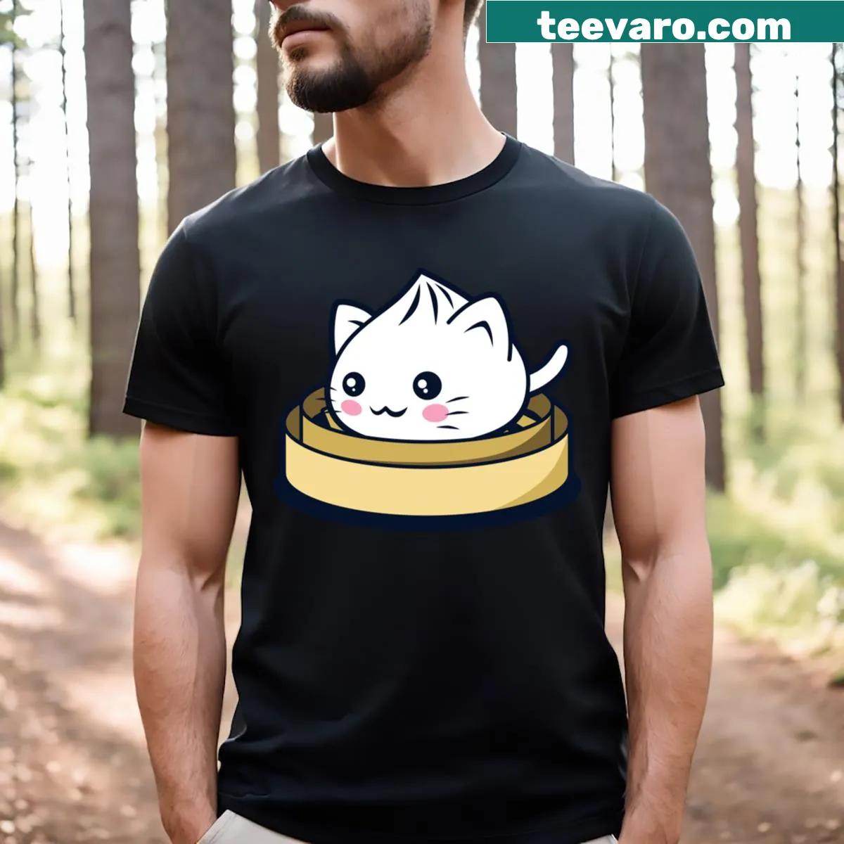 Kawaii dumpling cat illustration on a t-shirt — on a men's t-shirt