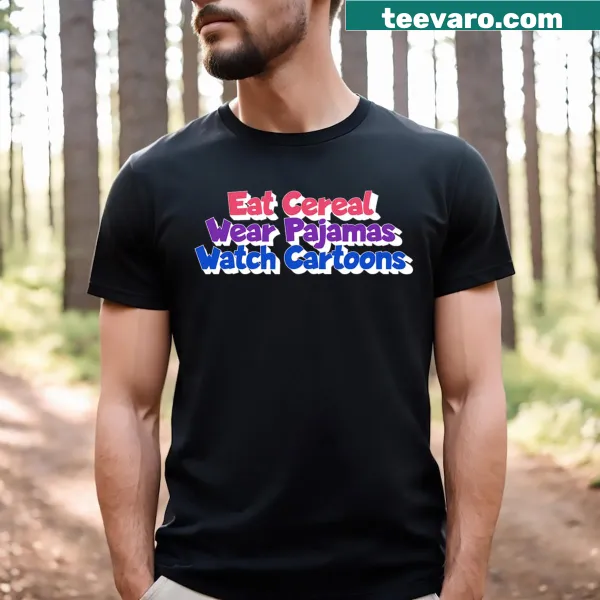 Playful 80s Saturday morning t-shirt with cereal and cartoons