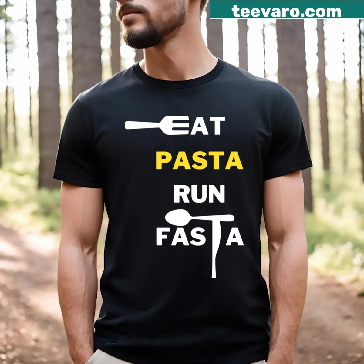 Fun Eat Pasta Run Fasta text t-shirt — on a men's t-shirt