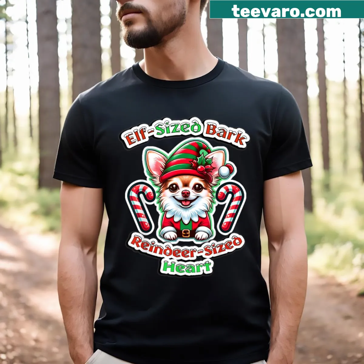 Festive Chihuahua T-shirt with humorous elf and reindeer graphics — on a men's t-shirt