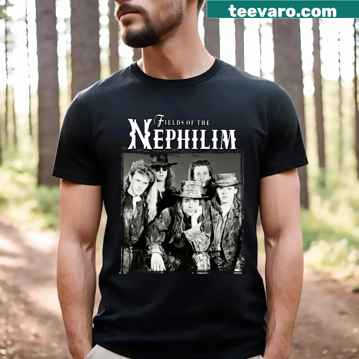 Illustrative Fields Of The Nephilim band graphic t-shirt — on a men's t-shirt