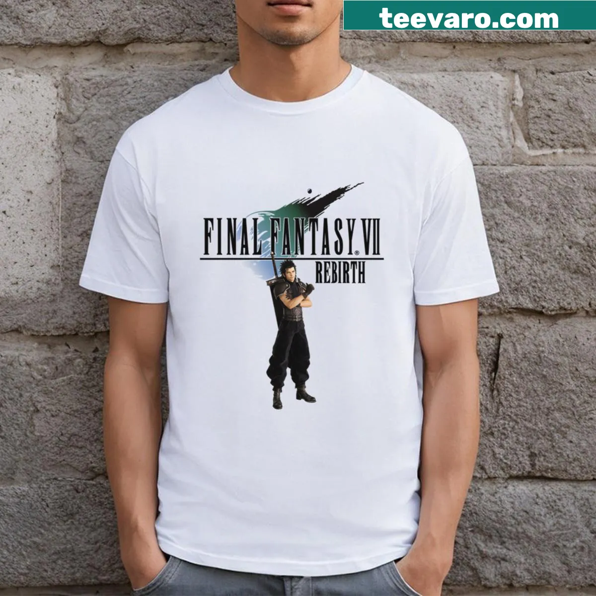 Zack character graphic from Final Fantasy VII on a t-shirt — on a men's t-shirt