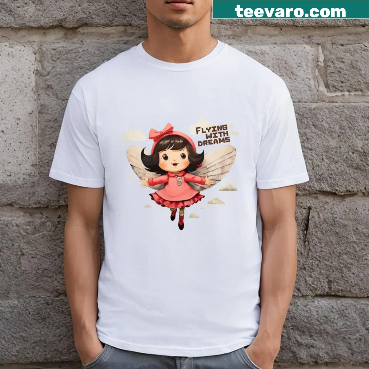 T-shirt featuring whimsical imagery of flying and dreams — on a men's t-shirt