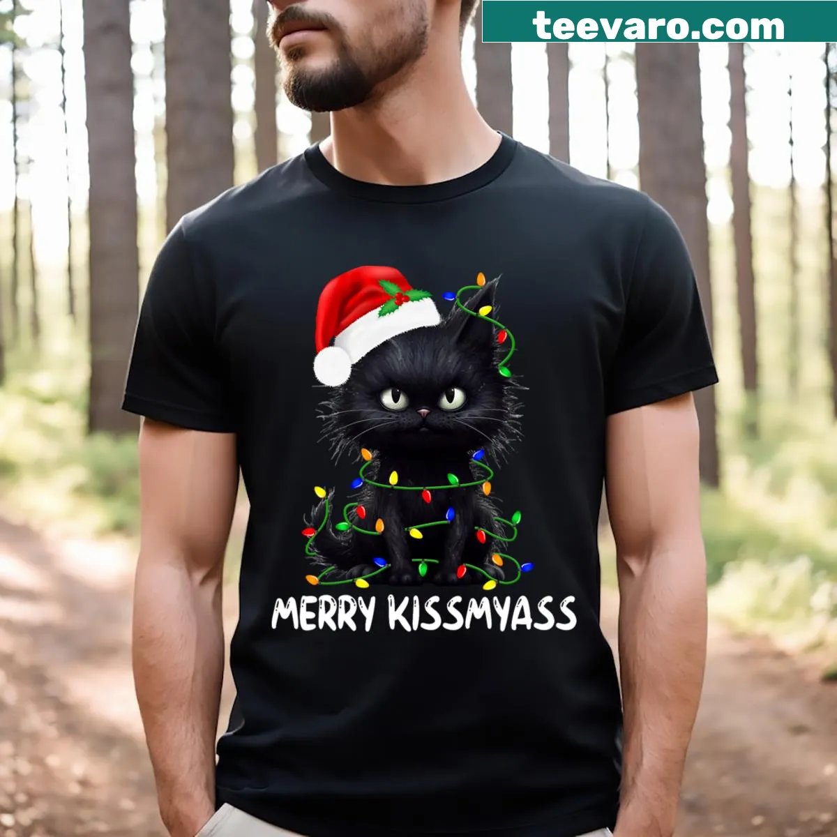 Humorous black cat Christmas t-shirt with 'Kissmyass' phrase — on a men's t-shirt