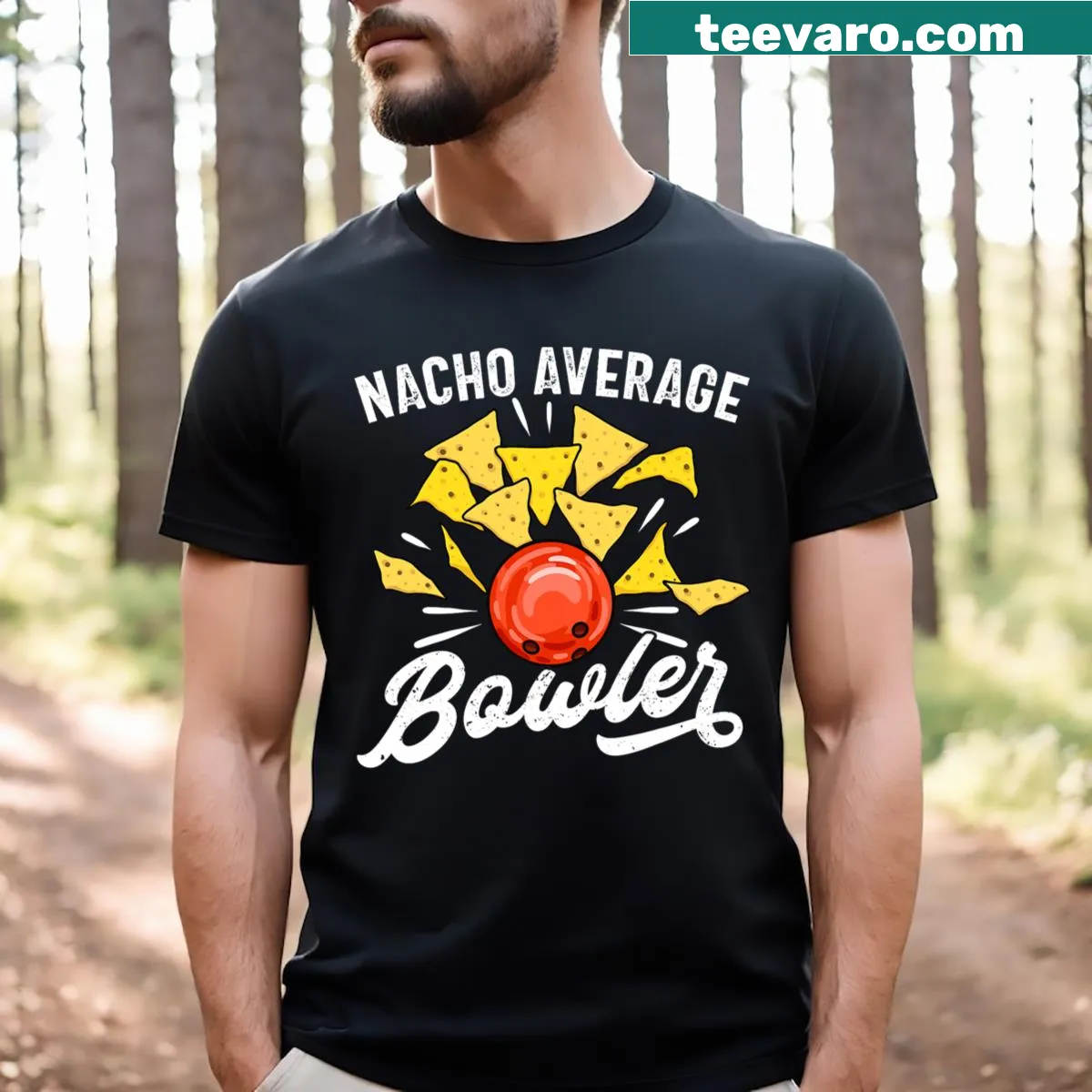 Funny bowling team t-shirt with tenpin bowling graphics — on a men's t-shirt