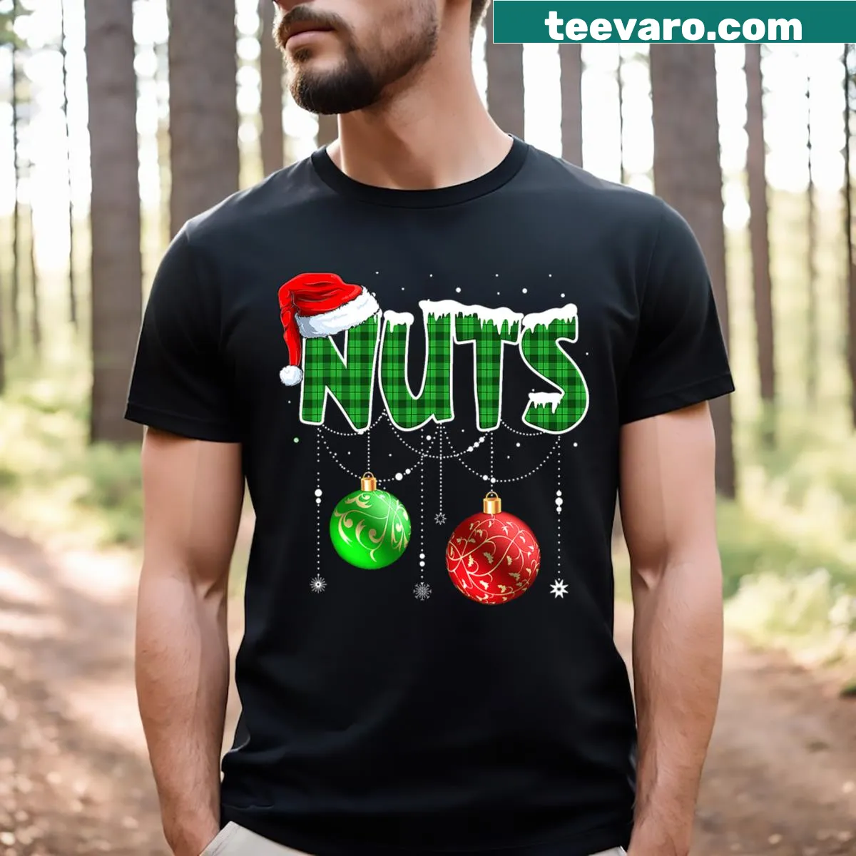 Matching couple T-shirt with 'Chest Nuts' humor for Christmas — on a men's t-shirt