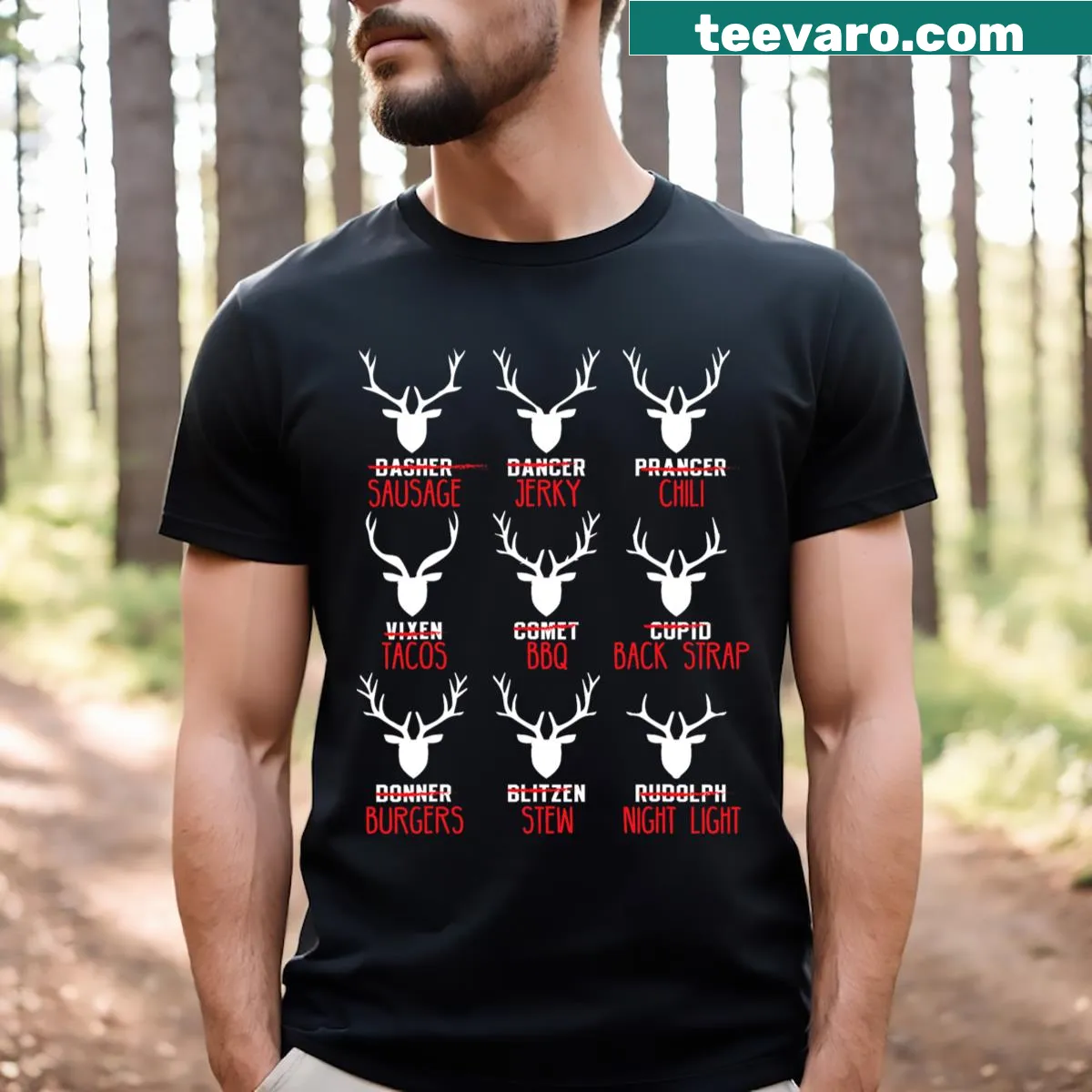 Funny Christmas t-shirt featuring deer hunters and Santa's reindeer — on a men's t-shirt