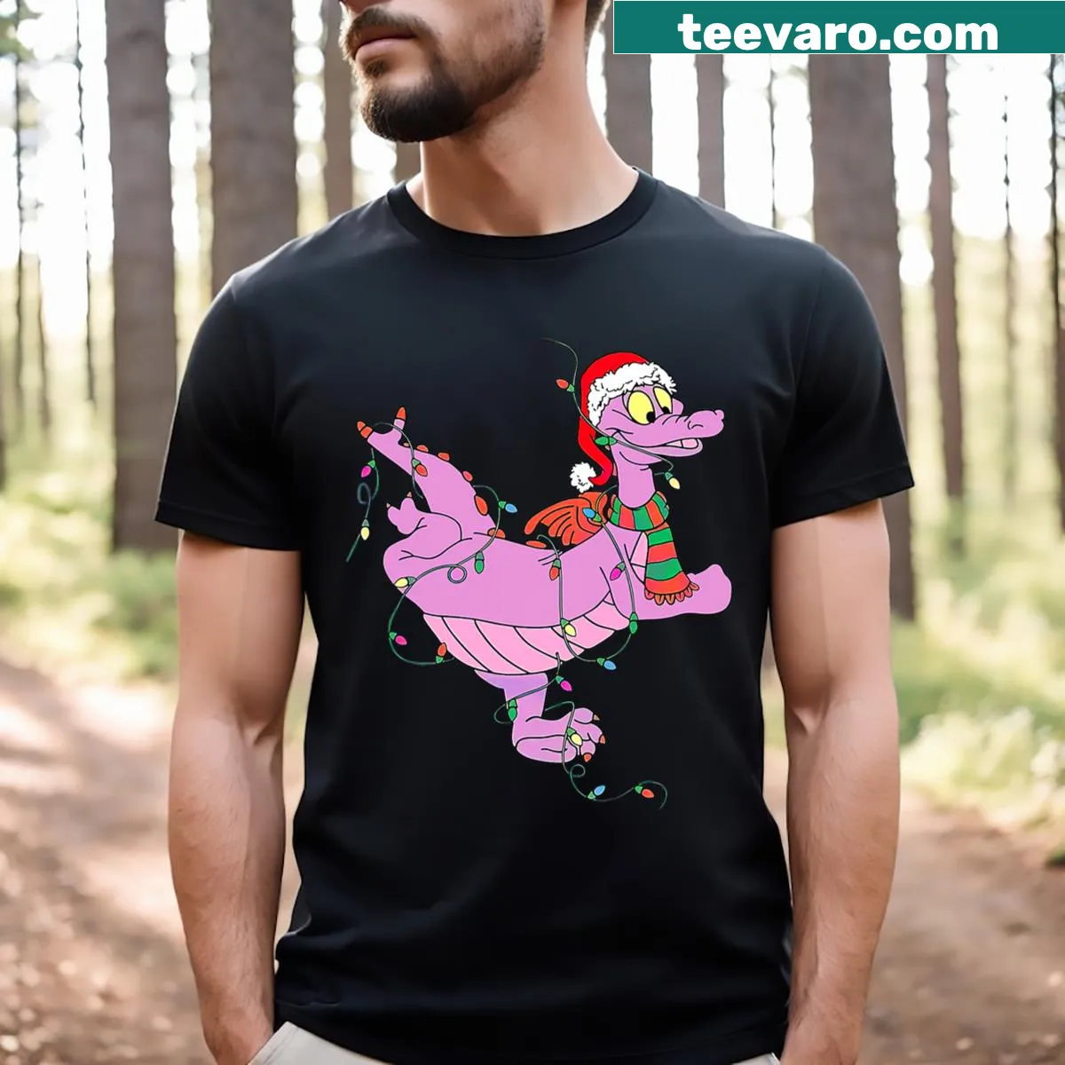 Cute dragon Christmas t-shirt with lights and festive design — on a men's t-shirt