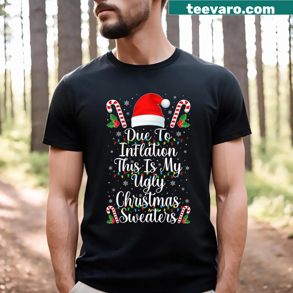 Funny Christmas t-shirt with inflation-themed text design — on a men's t-shirt