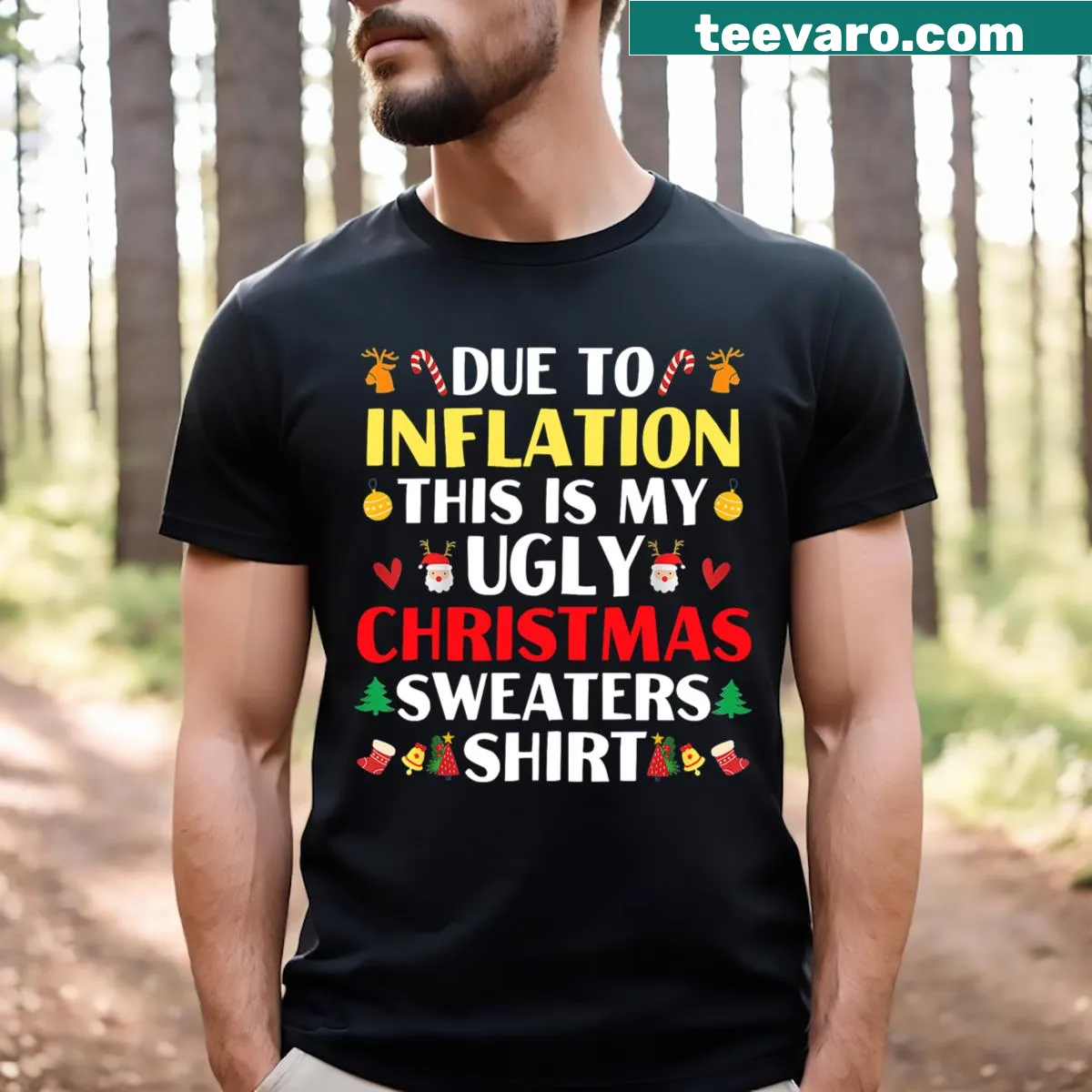 Funny men's ugly Christmas sweater style T-shirt — on a men's t-shirt