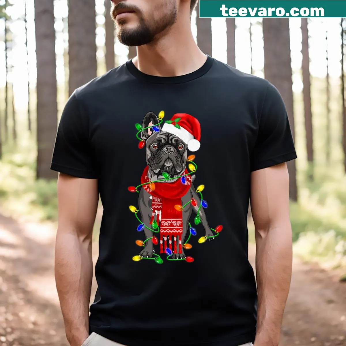 Funny Christmas t-shirt featuring a French Bulldog with Christmas lights — on a men's t-shirt