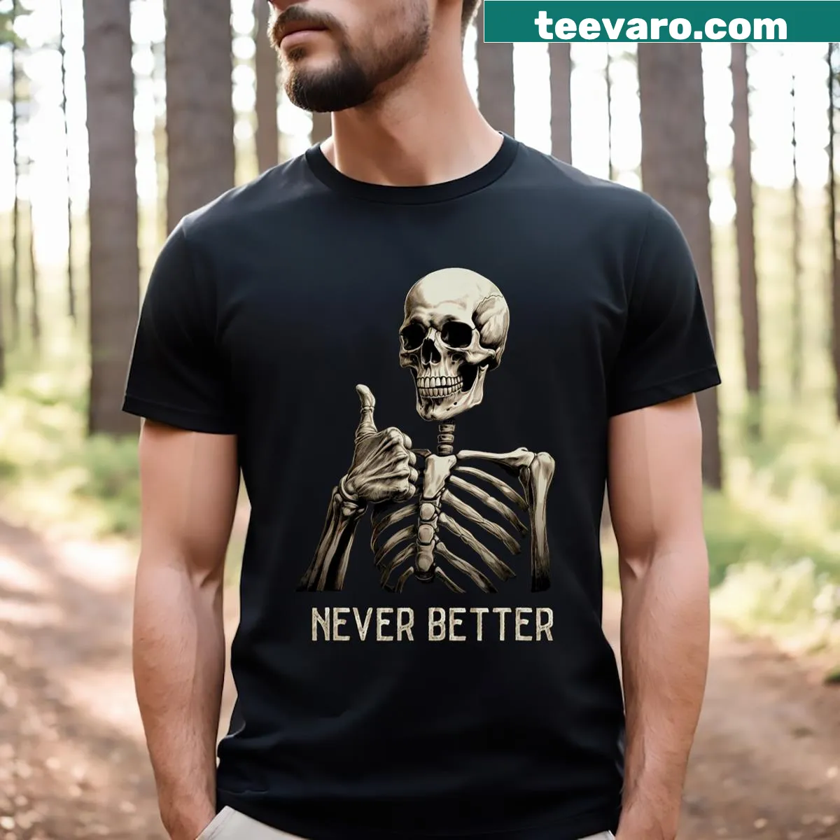 Funny Halloween T-shirt with skeleton graphic — on a men's t-shirt