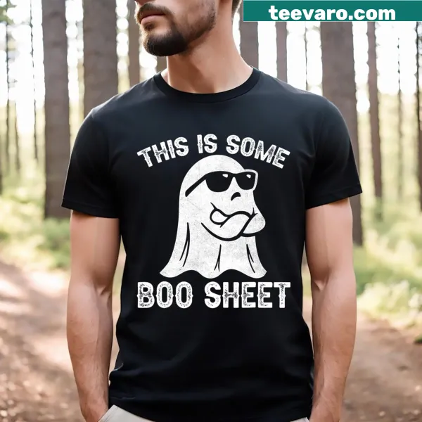 Humorous Halloween t-shirt with Boo Sheet text graphic
