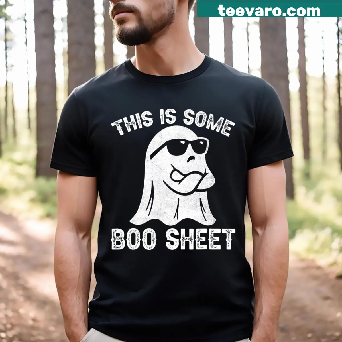 Humorous Halloween t-shirt with Boo Sheet text graphic — on a men's t-shirt