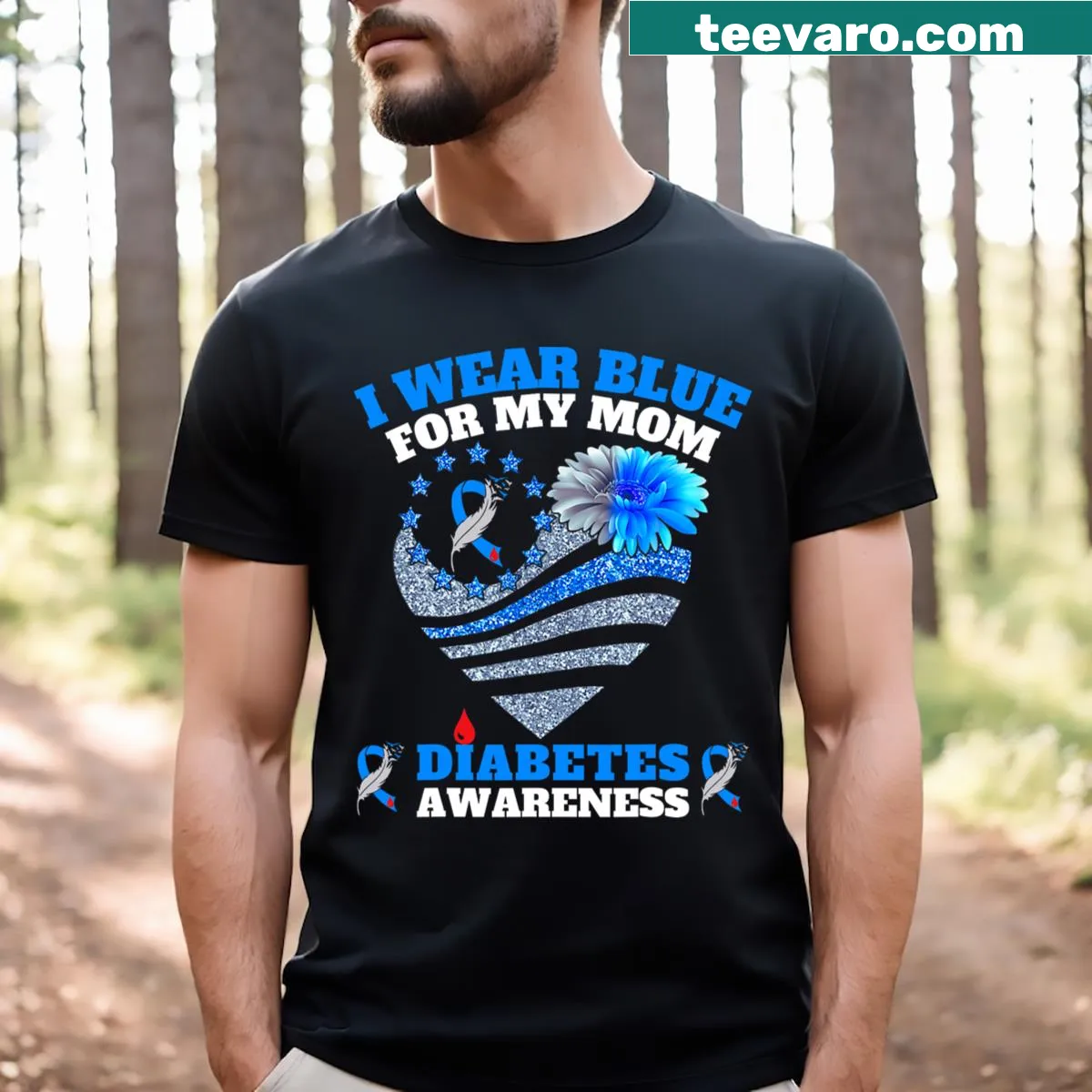 Blue ribbon diabetes awareness t-shirt with humorous text — on a men's t-shirt