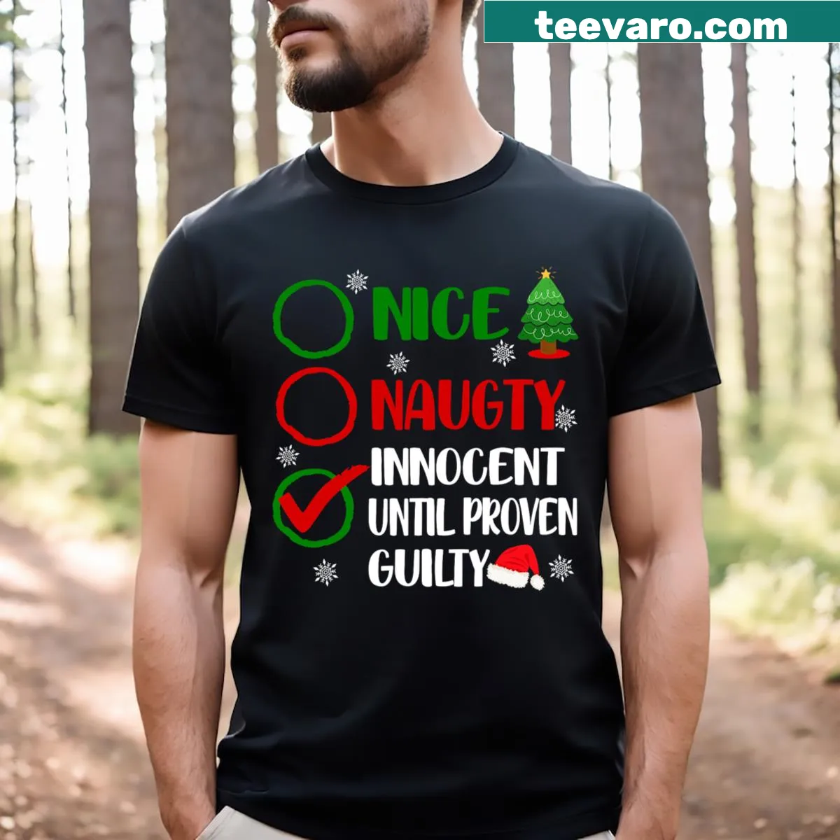 Funny Christmas T-shirt with naughty and nice theme — on a men's t-shirt