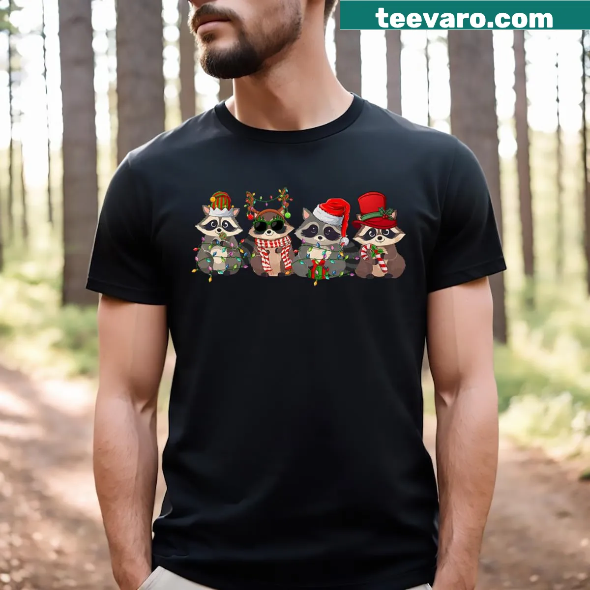 Raccoon in Santa hat for Christmas, humorous illustration — on a men's t-shirt