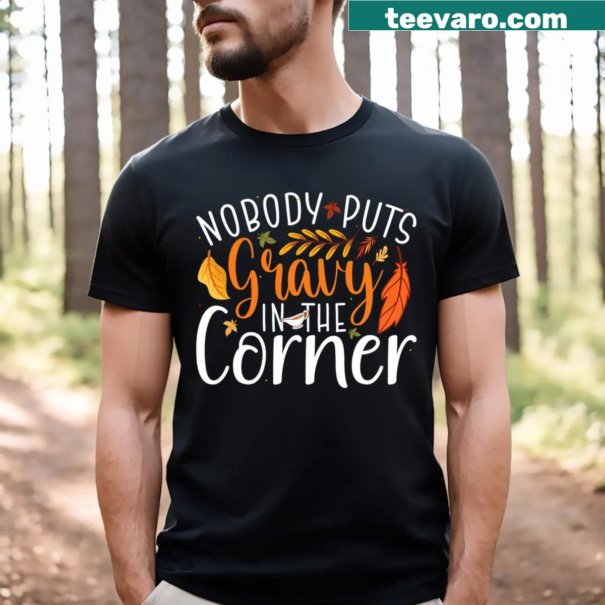 Retro Thanksgiving t-shirt featuring humorous gravy quote — on a men's t-shirt