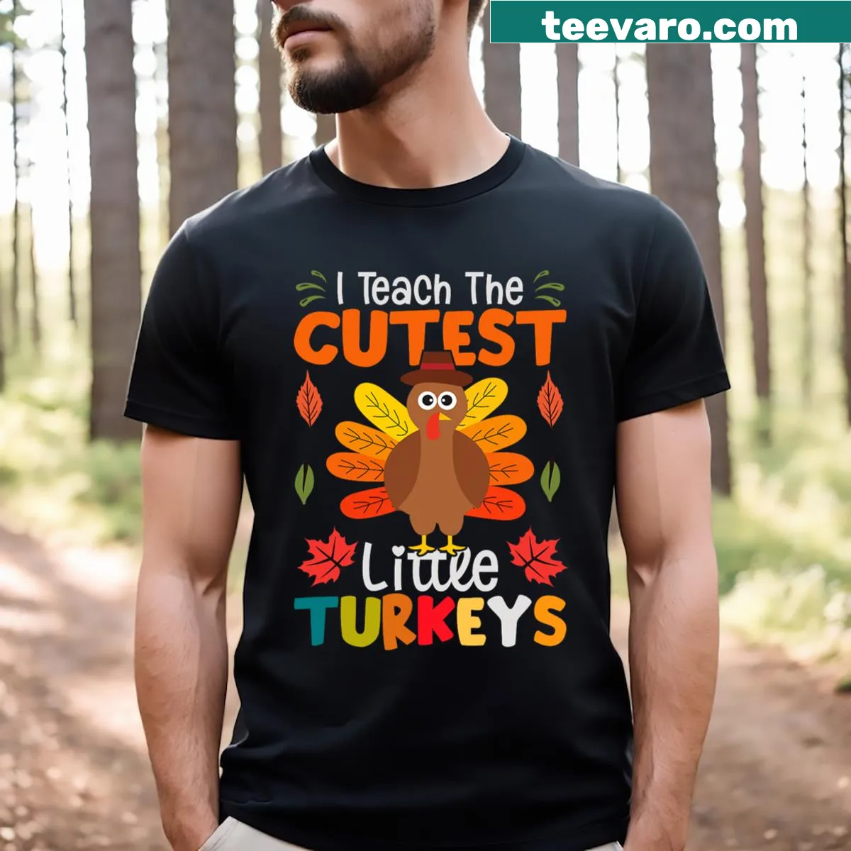 Illustrated t-shirt for teachers with cute turkey saying — on a men's t-shirt
