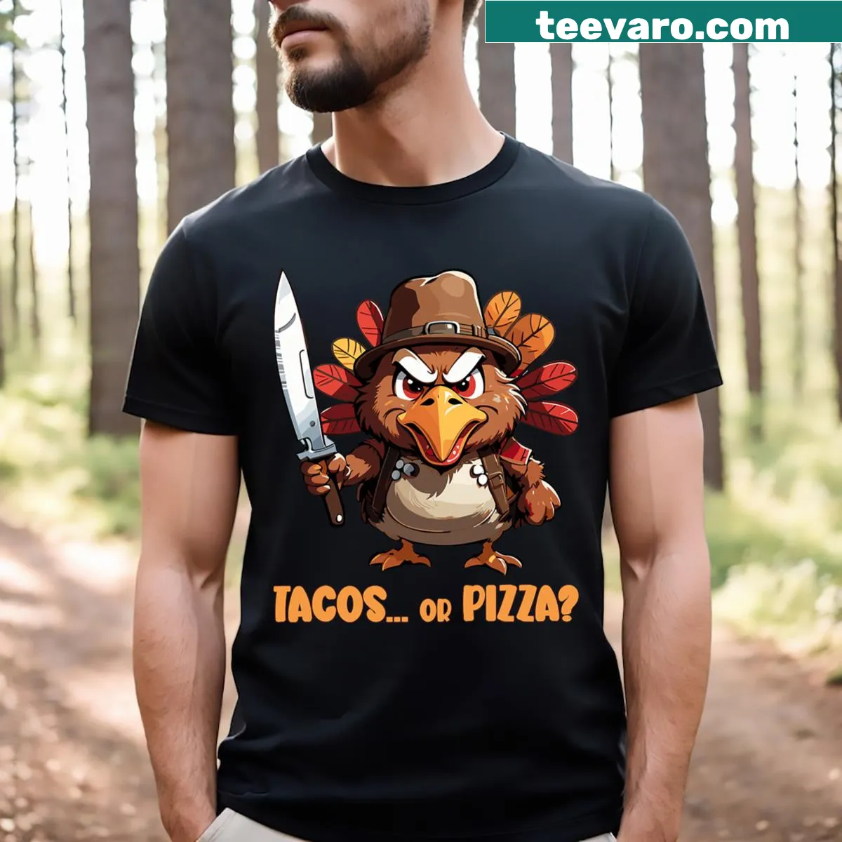 Funny Thanksgiving t-shirt with turkey asking taco or pizza — on a men's t-shirt