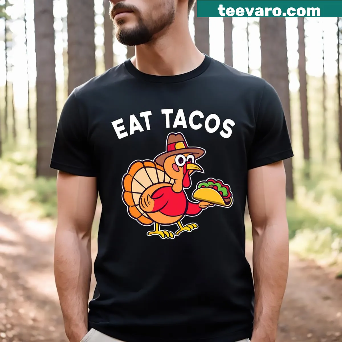 Funny Thanksgiving t-shirt featuring a turkey eating tacos — on a men's t-shirt