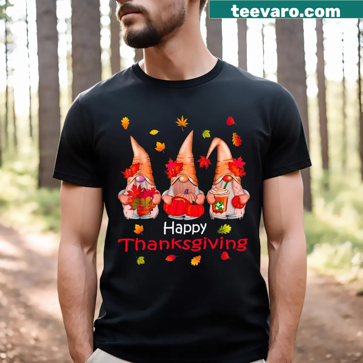 Illustrated Thanksgiving t-shirt with gnomes for gnome lovers — on a men's t-shirt