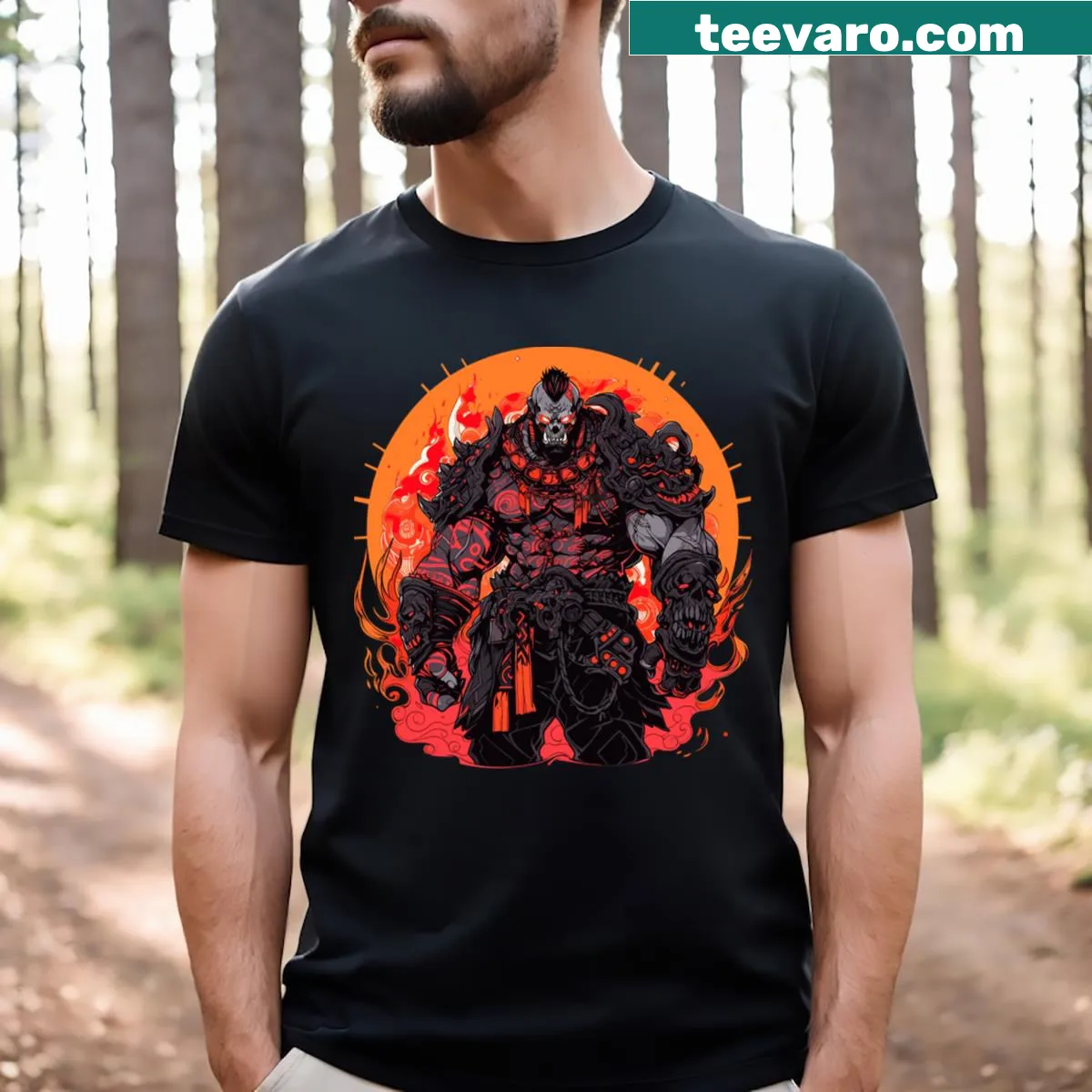 Pop art style t-shirt featuring a futuristic orc warlord — on a men's t-shirt