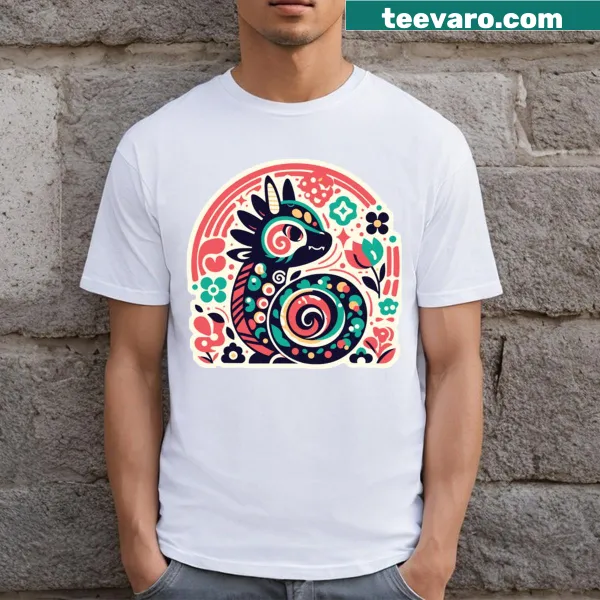 Illustrative T-shirt featuring a whimsical garden dragon among plants